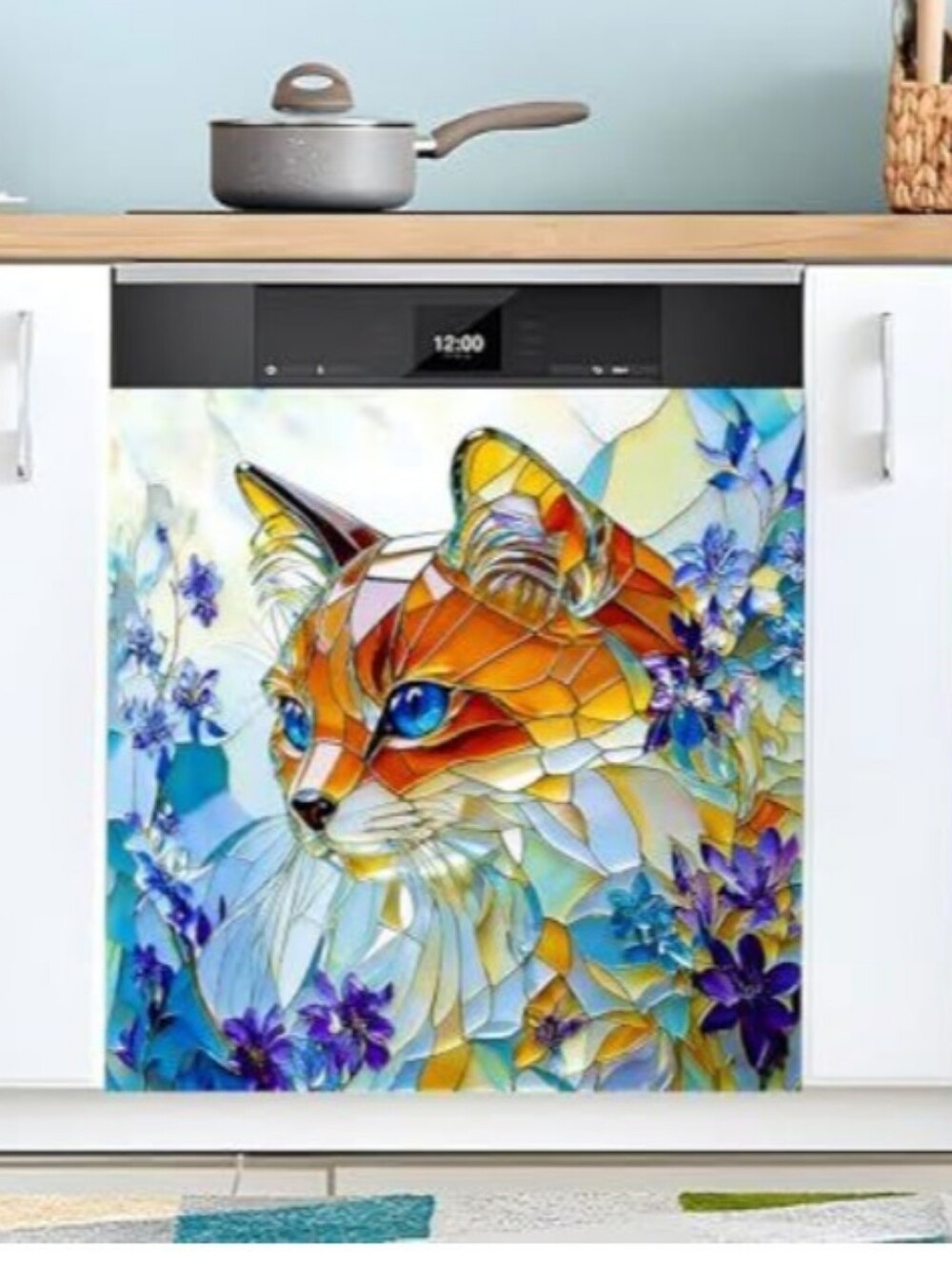 Stained Glass Style Cat Art Dishwasher Magnet - Vibrant Blue & Orange